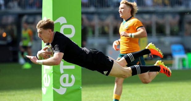 Jordie Barrett dives to score for the All Blacks in their latest win over Australia. Photograph: Trevor Collens/Getty/AFP