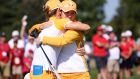  Mel Reid  and Leona Maguire celebrate winning the   14th hole of their  foursomes match on day two of the Solheim Cup at the Inverness Club. Photograph:  Gregory Shamus/Getty Images