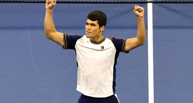  Carlos Alcaraz of Spain reacts after defeating Peter Gojowczyk of Germany at the US Open. Photograph: EPA