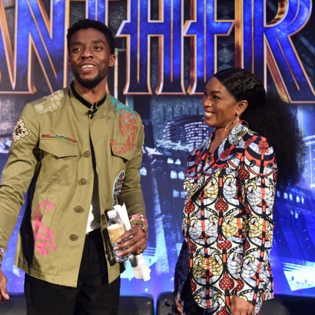 The late Chadwick Boseman and Angela Bassett at a Marvel Studios’ Black Panther press conference. Photograph: Alberto E Rodriguez/Getty Images