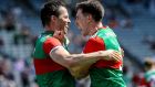 Mayo’s Stephen Coen and Paddy Durcan celebrate at the final whistle of the Connacht final. Coen wants a 70 minute performance against Tyrone this weekend. Photograph: Lorraine O’SullivanInpho