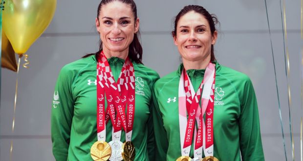 Katie-George Dunlevy and Eve McCrystal return to Dublin with their medal haul. Photograph: Laszlo Geczo/Inpho