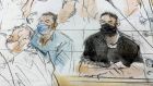 A sketch shows key defendant Salah Abdeslam (right)  in the special courtroom built for the 2015 attacks trial, in Paris on Wednesday. Photograph: Noelle Herrenschmidt/AP