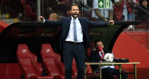 Gareth Southgate’s England conceded late on to draw 1-1 with Poland in Warsaw. Photograph: Rafal Oleksiewicz/PA