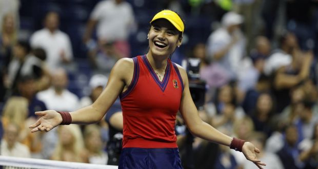 Emma Raducanu reacts after defeating Maria Sakkari to reach the US Open final. Photo: Justin Lane/EPA
