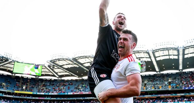 Tyrone’s goalkeeper Niall Morgan and Ronan McNamee celebrate after beating Mayo to win the All-Ireland. Photo: Tommy Dickson/Inpho