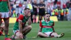 Ryan O’Donoghue and Kevin McLoughlin of Mayo after the match. Photo: Dara Mac Donaill/The Irish Times