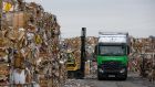 A forklift collects recycled cardboard from a delivery truck at a UK paper mill, operated by Smurfit Kappa, which has announced plans to raise €1 billion in green finance. Photograph: Luke MacGregor/Bloomberg