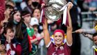 Galway captain  Sarah Dervan lifts the O’Duffy Cup after the victory over Cork in the All-Ireland camogie final at Croke Park. Photograph: Evan Treacy/Inpho