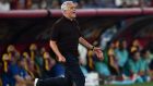 Roma manager José Mourinho on his celebratory dash during the game against  Sassuolo at Stadio Olimpico  in Rome. Photograph:  Giuseppe Bellini/Getty Images