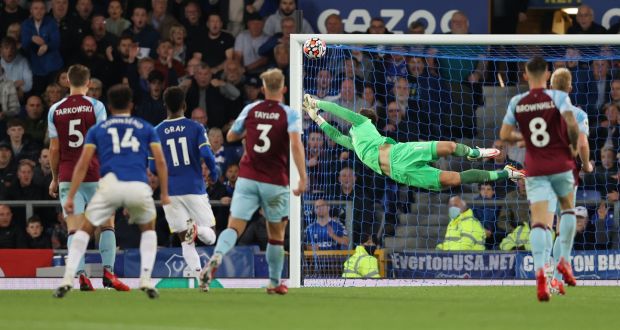 Andros Townsend fires home  Everton’s second goal past Burnley goalkeeper  Nick Pope during the Premier League match  at Goodison Park. Photograph: Clive Brunskill/Getty Images