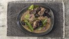 Sauté of lamb kidneys, bay leaves and blackberries. Photograph: Harry Weir Photography