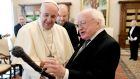 Pope Francis and President Michael D Higgins   in Rome: The Government is expected to send a Minister as a delegate to the Armagh church service marking a centenary of partition and creation of Northern Ireland. Photograph:  Maxwells/Vatican