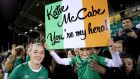 Katie McCabe with a supporter after Ireland’s win over Australia. Photograph: James Crombie/Inpho