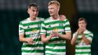 Liam Scales (right) and  Adam Montgomery  after the Premier Sports Cup match against Raith Rovers at Celtic Park. Photograph: Andrew Milligan/PA Wire
