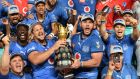  Arno Botha and Marcell Coetzee of the Bulls lift the Currie Cup after the win over the Sharks in the final at  Loftus Versfeld. Photograph: Lee Warren/Gallo Images/Getty Images