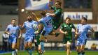 Cardiff’s Jarrod Evans competes in the air with John Porch of Connacht during the United Rugby Championship game at Cardiff Arms Park. Photograph: Ashley Crowden/Inpho