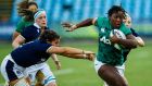 Ireland’s Linda Djougang makes a break to score a try during the match against Scotland. Photo: Matteo Ciambelli/Inpho