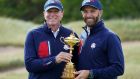 Team USA captain Steve Stricker with Dustin Johnson and the Ryder Cup at Whistling Straits. Photograph: Charlie Neibergall/AP
