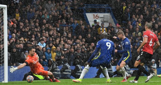 Chelsea’s Timo Werner scores their second during the Premier League win over Southampton. Photo: Facundo Arrizabalaga/EPA