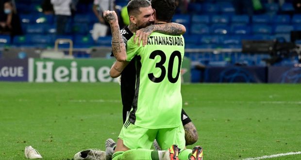 Sheriff’s Dimitrios Kolovos and goalkeeper Giorgos Athanasiadis celebrate after their shock win over Real Madrid. Photograph: Javier Soriano/Getty/AFP