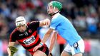 Dessie Hutchinson in action  against Roanmore’s Dale Hayes during the Waterford hurling final. The Ballygunner man  scored 1-9 from play to claim the man of the match award. Photograph: Ryan Byrne/Inpho