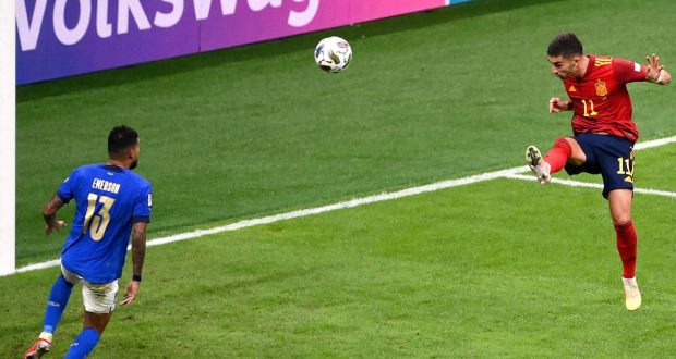  Ferran Torres heads home his second goal for of Spain during the Uefa Nations League semi-final at the San Siro in Milan. Photograph: Marco Betorello