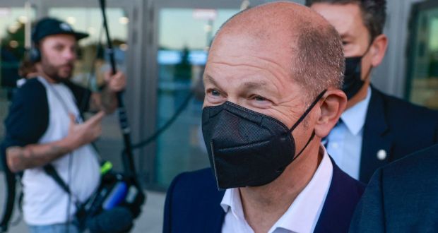  Social Democratic Party’s candidate for chancellor, Olaf Scholz, leaves following exploratory talks with leading members of the Green Party. Photograph: Odd Andersen / AFP via Getty
