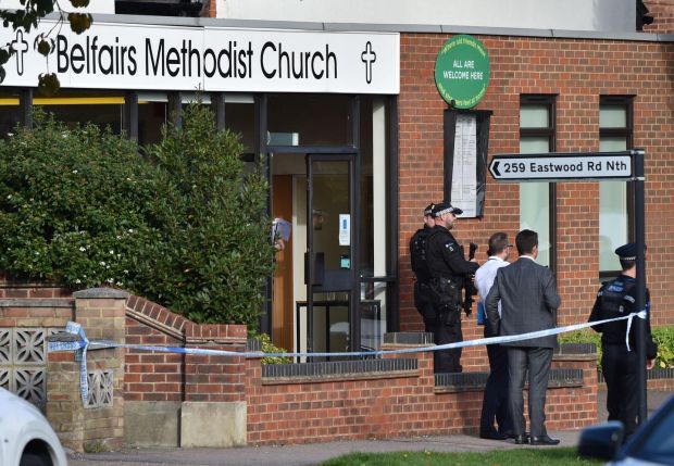 Armed police officers outside the Belfairs Methodist Church in Leigh-on-Sea, Essex where David Amess was attacked and killed. Photograph: Nick Ansell/PA Wire