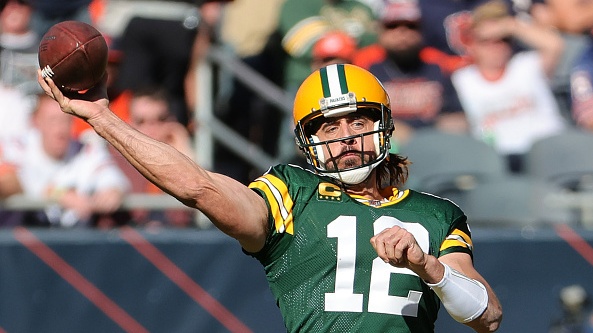 Aaron Rodgers was responsible for three touchdowns as the Green Bay Packers defeated the Chicago Bears on the road at Soldier Field. Photograph: Jonathan Daniel/Getty Images
