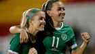 Ireland’s Denise O’Sullivan and Katie McCabe celebrate a goal against Australia in September. File photograph: Inpho
