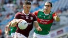 Shane Walsh in action for Galway  against Mayo’s Oisín Mullin during the Connacht SFC Final. Photograph: Lorraine O’Sullivan/Inpho