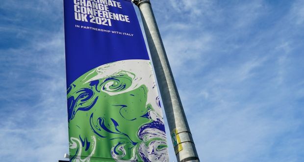 A banner advertising the November  Cop26 climate talks in Glasgow, Scotland. Photograph: Ian Forsyth/Bloomberg