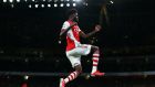  Thomas Partey of Arsenal celebrates scoring the opening goal during his side’s clash with Aston Villa. Photo by Marc Atkins/Getty Images
