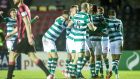 Shamrock Rovers players celebrate after Graham Burke’s goal during the SSE Airtricity League Premier Division match against Longford Town at  Bishopsgate. Photograph: Tommy Grealy/Inpho