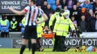St Mirren’s Jamie McGrath is carried off the pitch on a stretcher during the Scottish Premiership match against Rangers at St Mirren Park. Photograph: Steve Welsh/PA Wire