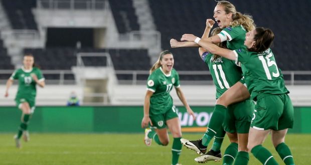 Ireland celebrate after Megan Connolly scored their opening goal against Finland. Photograph: Kalle Parkkinen/Inpho