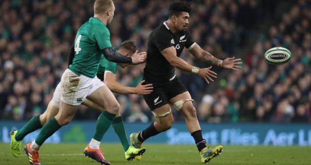 New Zealand’s Ardie Savea chased by Ireland’s Keith Earls and Garry Ringrose during the game at the Aviva Stadium in November 2018. Photograph: Billy Stickland/Inpho
