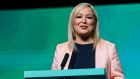 Sinn Féin deputy leader Michelle O’Neill delivering the opening address to the party’s Ard Fheis in Dublin on Saturday morning. Photograph: Damien Storan/PA
