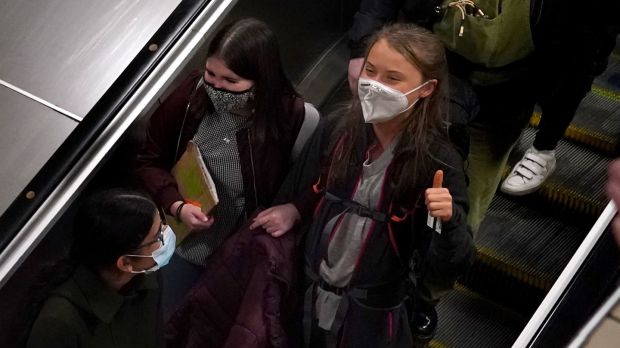 Climate activist Greta Thunberg arrives at Glasgow Central train station ahead of the Cop26 summit. Photograph: Andrew Milligan/PA