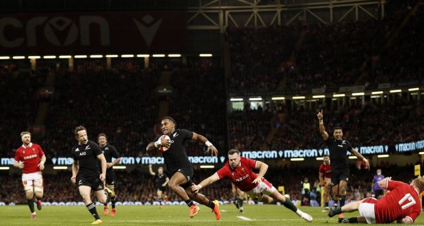New Zealand’s Sevu Reece  scores a try during the autumn international against wales at the Principality Stadium in Cardiff. Photograph: Adrian Dennis/AFP via Getty Images