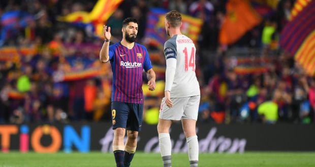  Luis Suarez shakes hands with Jordan Henderson after Barcelona’s Champions League semi-final first leg against Liverpool  at the Nou Camp in May 2019. Photograph:  Michael Regan/Getty Images