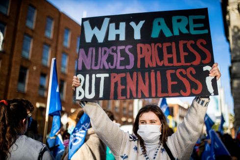 PRICELESS BUT PENNILESS? Student Nurse Hannah Thomas, from Blackrock, Dublin, with members of the Psychiatric Nurses Association and other student nurses, demonstrating for improved pay and conditions outside Leinster House in Dublin. Photograph: Tom Honan
