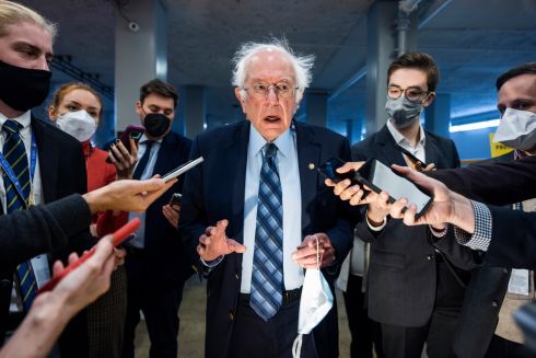 MEET THE MEDIA: Independent US senator Bernie Sanders speaks to the media in the US Capitol building in Washington, DC, US. Speaker Nancy Pelosi is pushing for the House to vote on President Joe Biden's infrastructure and spending bills. Photograph: Jim Lo Scalzo/EPA