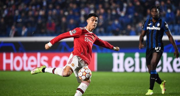 Cristiano Ronaldo fires home his second goal for Manchester United during the Champions League Group F game against Atalanta at Stadio di Bergamo. Photograph: Marco Bertorello/AFP via Getty Images