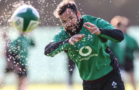 SPIN: Jamison Gibson-Park passes the ball to another at the Ireland rugby squad training session at Carton House, Dublin on Wednesday. Photograph: Billy Stickland/Inpho