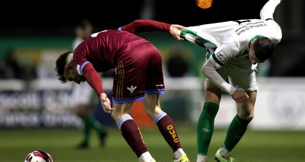Galway United’s Conor O’Keeffe and Ryan Graydon of the Bray Wanderers in action during the SSE Airtricity League First Division playoff semi-final at the  Carlisle Grounds. Photograph: Laszlo Geczo/Inpho
