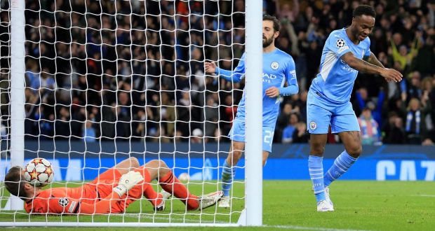 Manchester City’s  Raheem Sterling  celebrates scoring their  third goal during the Champions League Group A  match against  Club Bruges at the Etihad Stadium. Photograph: Lindsey Parnaby/AFP via Getty Images