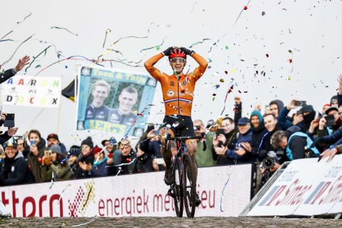 CELEBRATION TIME: Lars van der Haar of the Netherlands wins the men's elite competition in the 2021 UEC Cyclocross European Championships, in Wijster, Netherlands. Photograph: Vincent Jannink/EPA
