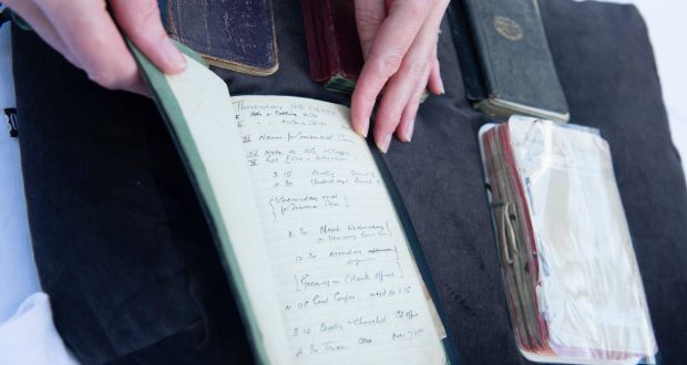 Five pocket diaries belonging to War of Independence leader  Michael Collins have been  presented by members of the Collins family for display in the National Archives ahead of the commemorations of the centenary of his death. Photograph: Gerard McCarthy/PA Wire